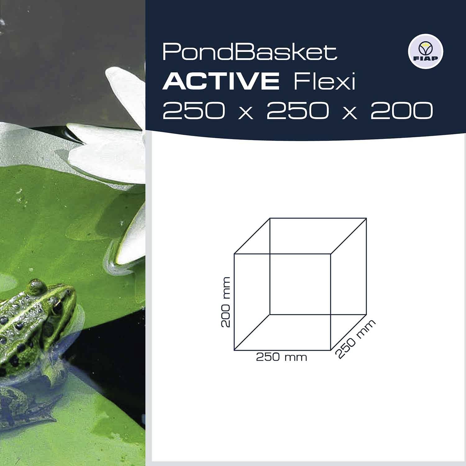 'PondBasket ACTIVE Flexi 250 x 250 x 200 mm' med dammlurk och näckrosavbildning, produktförpackning från FIAP.
