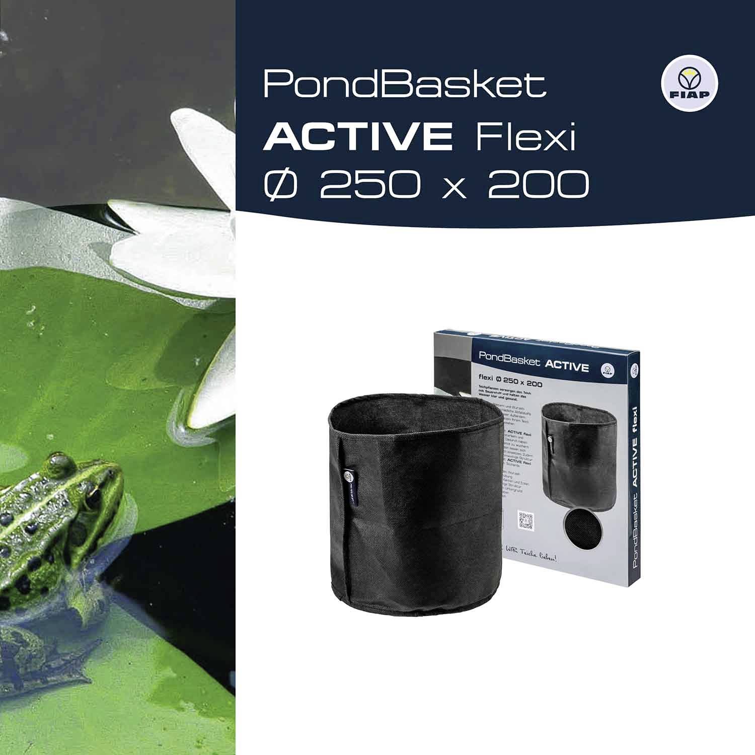 'PondBasket Flexi Ø 250 x 200' står på förpackningen. Produkten är en flexibel korg, intill en damm med löv och en groda.
