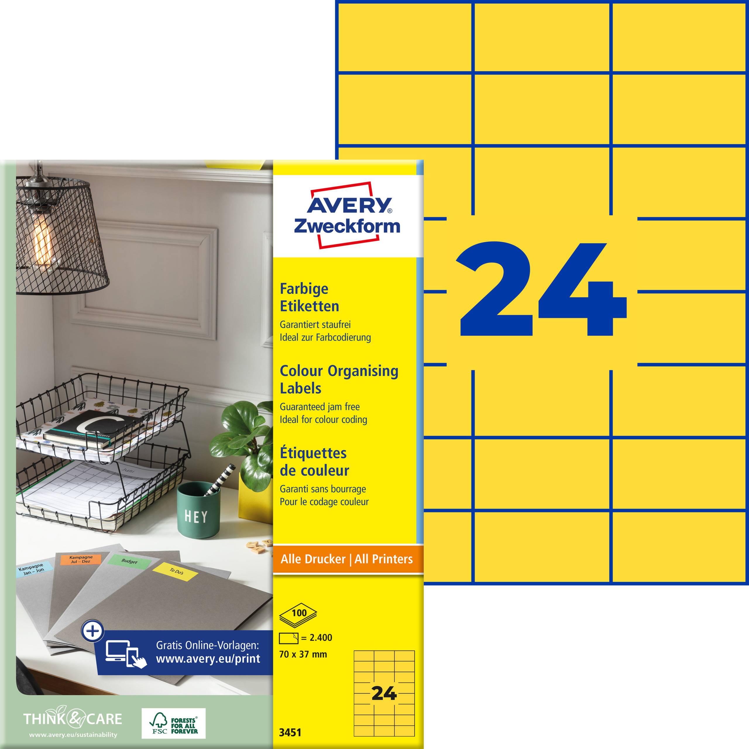 Avery Zweckform etikettkartong som visar 24 gula färgorganiserande etiketter, med ett litet kontorsskrivbordsfoto och en blå etikettnätillustration.