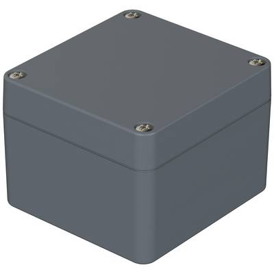 Grått kvadratiskt hölje med fyra skruvar i hörnen, lämpligt för elektronik eller kablage.