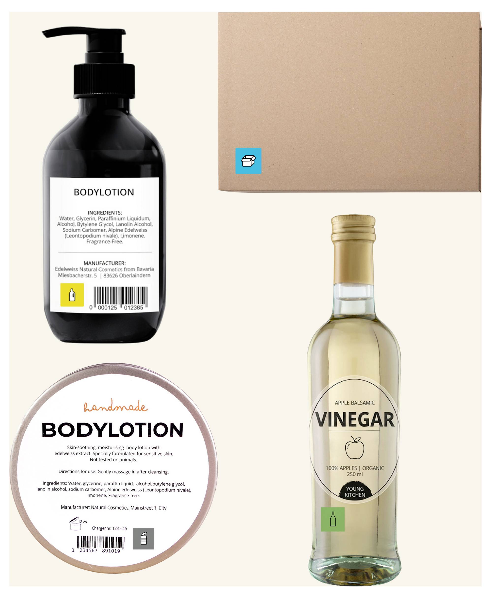 Fyra produktförpackningar på ljus bakgrund: svart bodylotionflaske, brun låda, rund bodylotion-burk och flaska med "Apple Balsamic Vinegar".