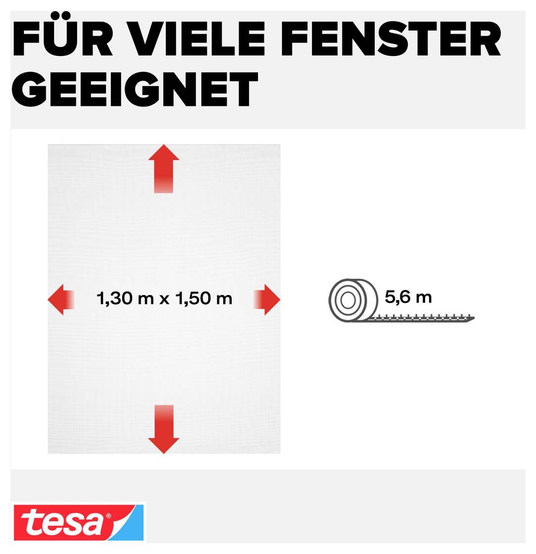 Reklamgrafik för Tesa: Fönstertfilm lämpad för många fönster, storlek 1,30 m x 1,50 m, rulllängd 5,6 m.