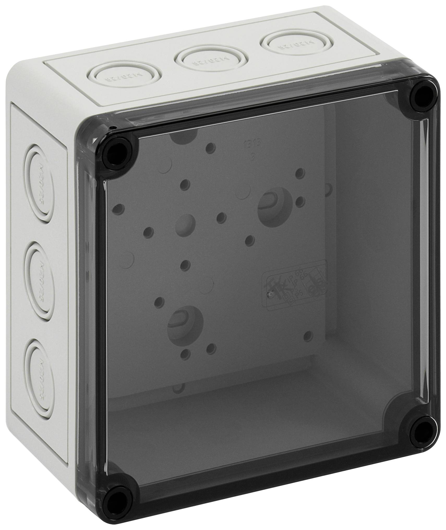 En grå plastförgreningsbox med transparent lock, lämplig för elinstallationer inomhus eller utomhus.