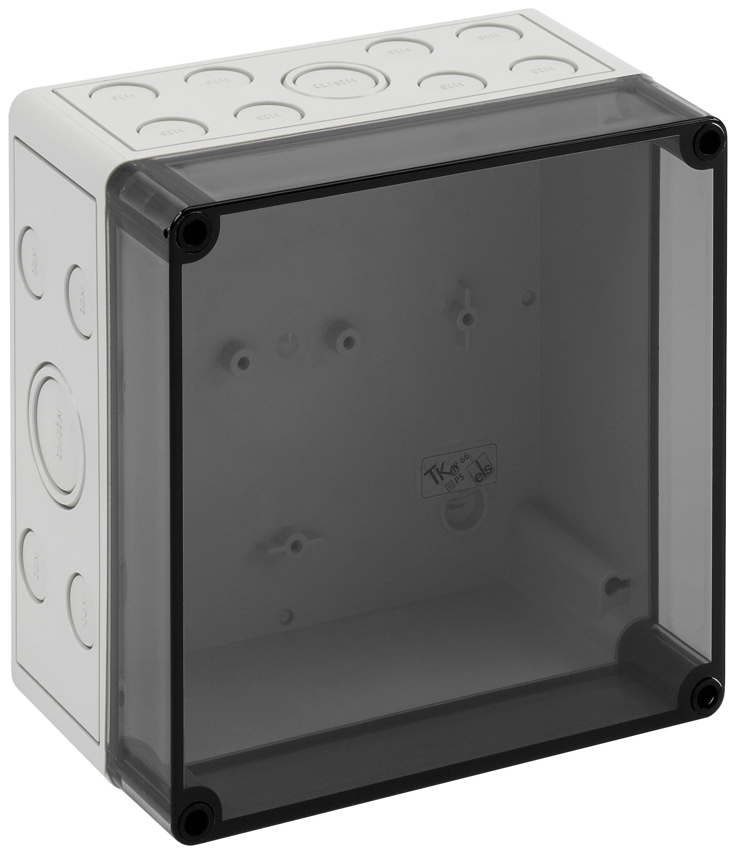 Grått, kvadratiskt hölje med svart, transparent lock och runda urtag på ovansidan för kabelanslutningar.