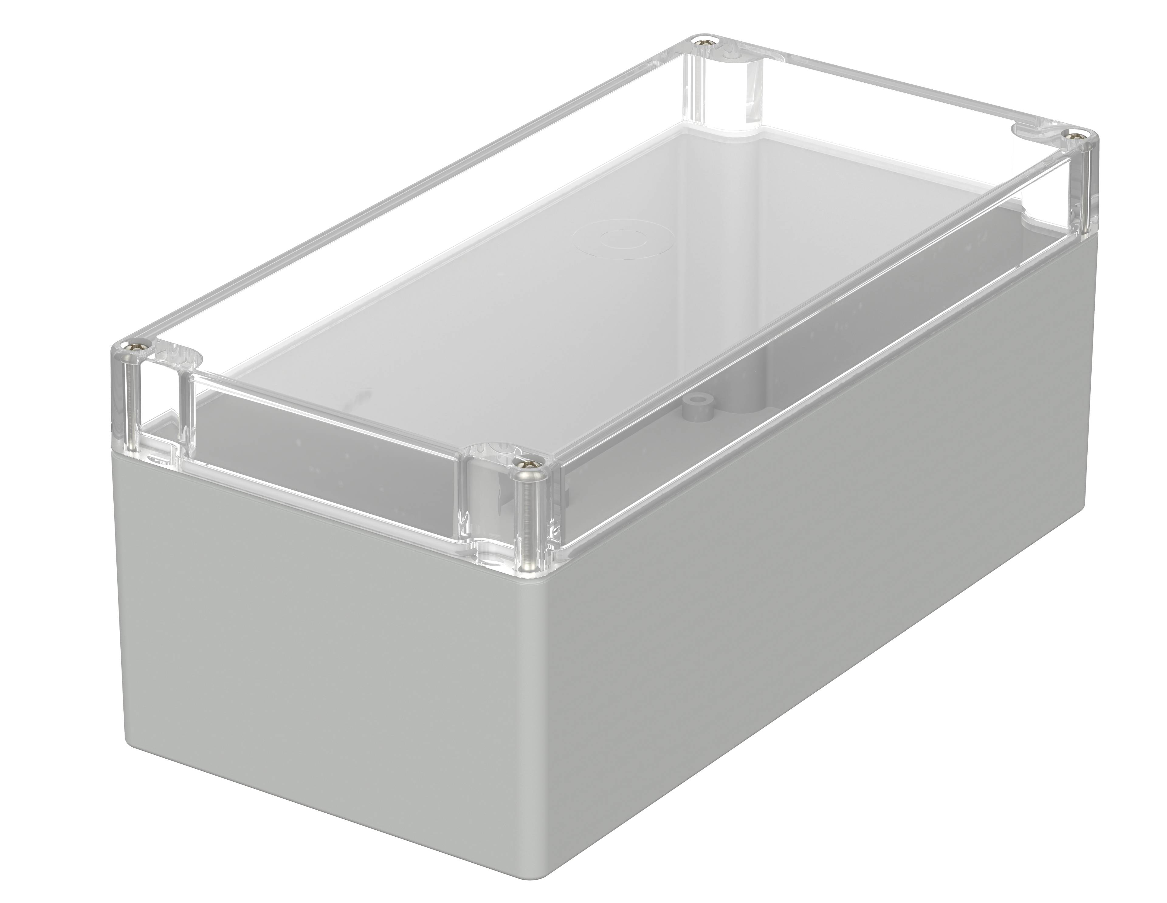Plastfodral med transparent lock, rektangulär form, lämpligt för elektroniska projekt och skydd av komponenter.