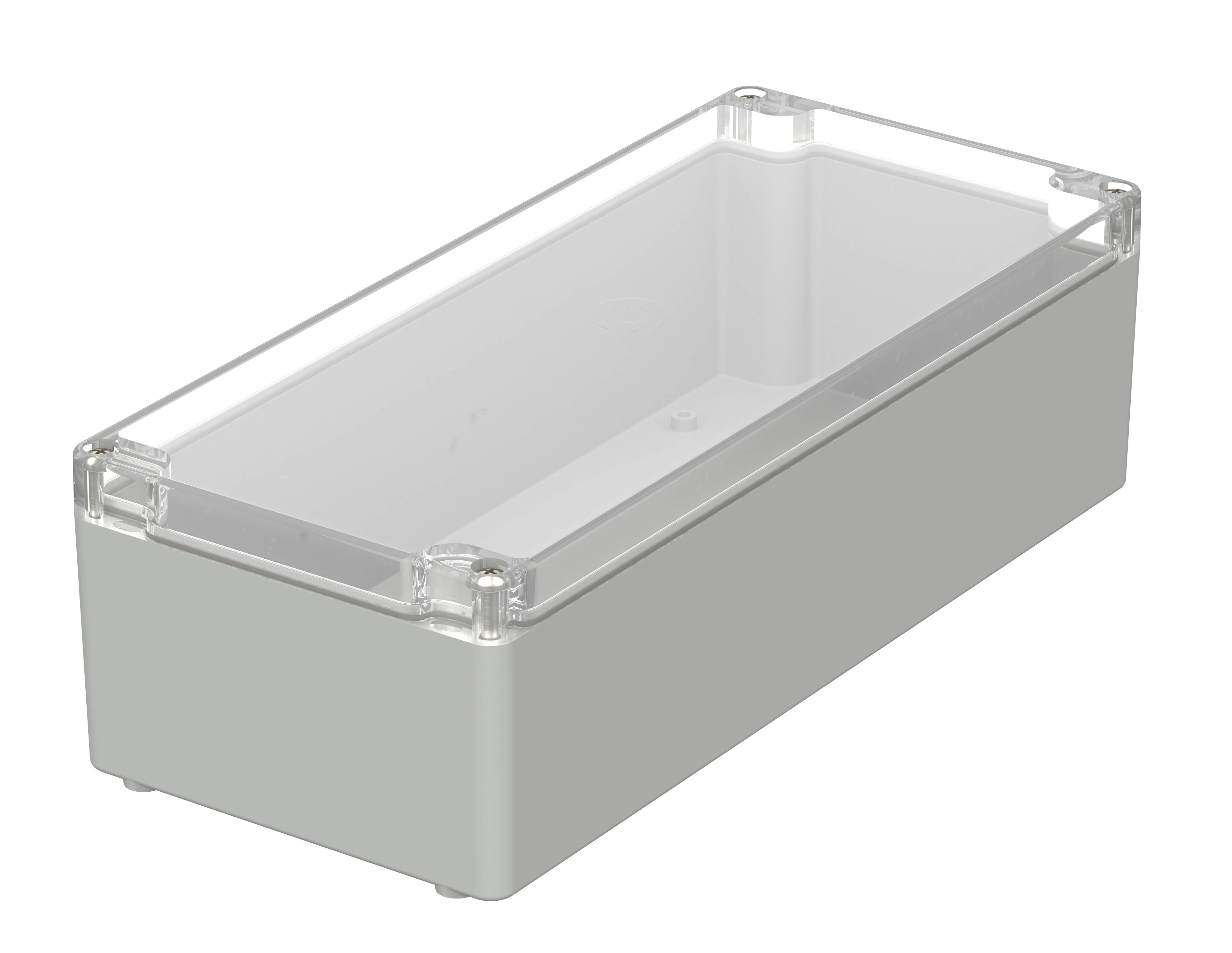 En rektangulär, vit kapsel med transparent lock, lämplig för elektrisk eller elektronisk användning.