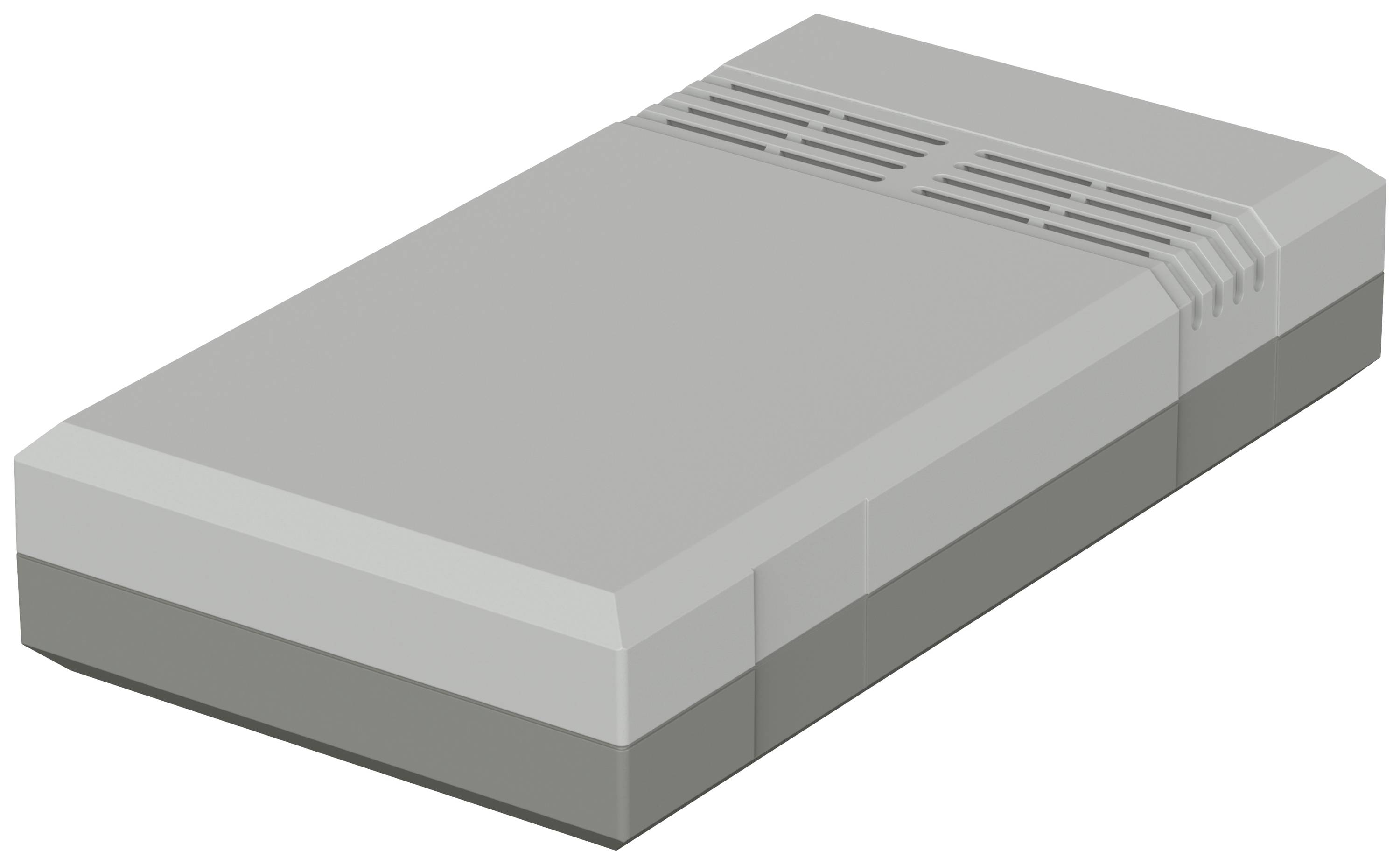 En grå, rektangulär elektronisk enhet med ventilationshål på en sida, möjligen en extern enhet.