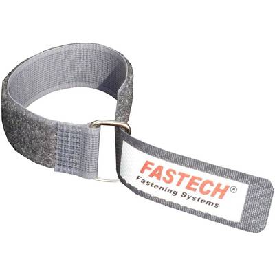 En grå kardborreslinga med texten 'FASTECH Fastening Systems' på det vita spännbandet. Lämplig för kabelförankring.
