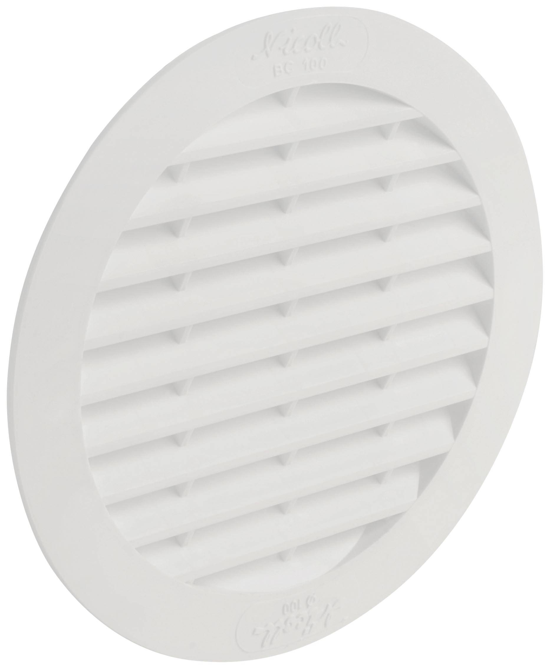 En vit, rund ventilationsgaller av plast med horisontella lameller, lämplig för ventilation och luftcirkulation i byggnader.