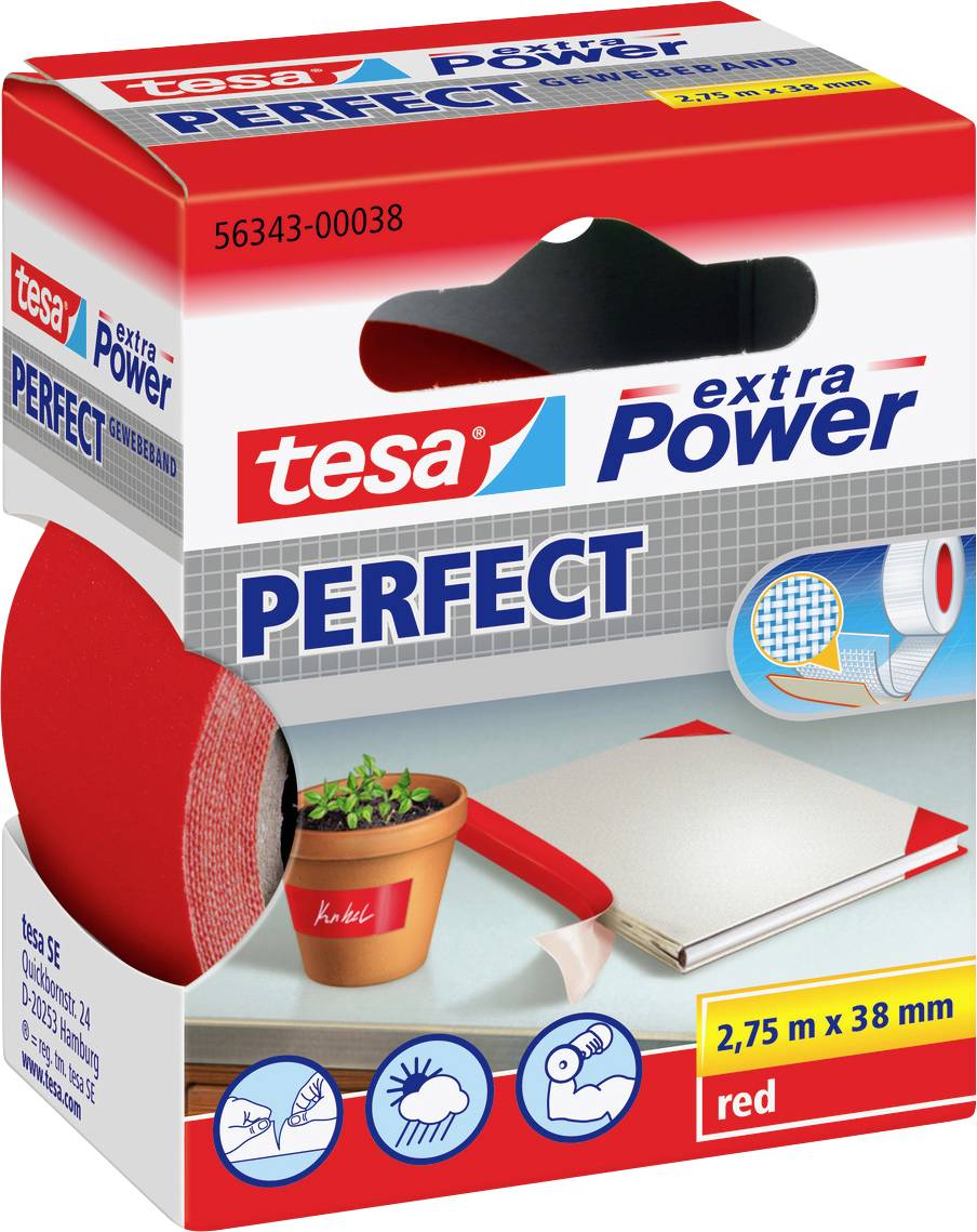 Förpackning av 'tesa extra Power PERFECT' röd tejp, med bilder som visar användningsområden som trädgårdsarbete och hantverk. Rullen mäter 2,75 m x 38 mm.