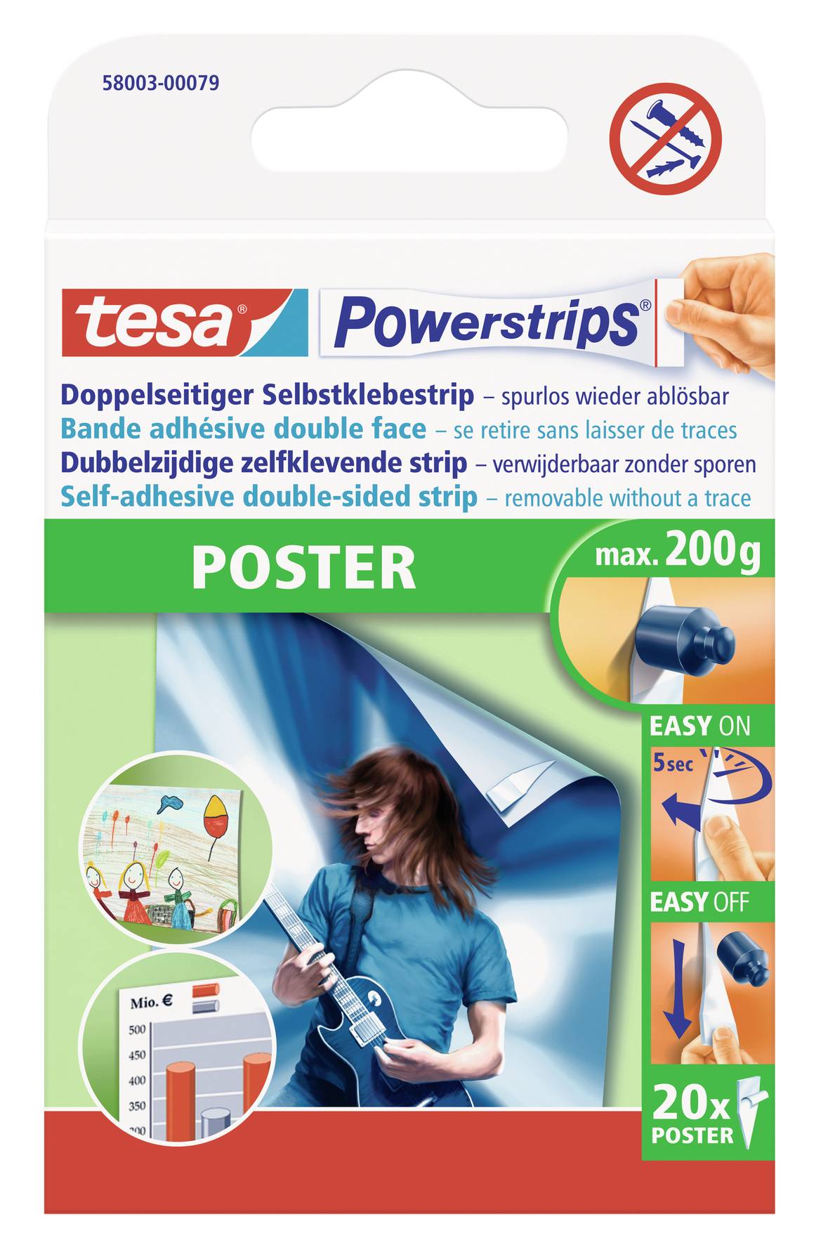 Förpackning av 'tesa Powerstrips Poster', dubbelhäftande tejp för posters upp till max 200g. Innehåller 20 remsor, enkel användning.