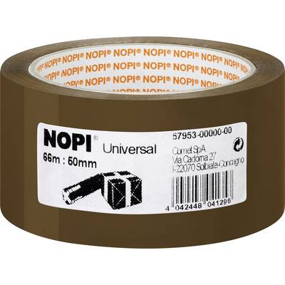 Brunt tejp med texten 'NOPI Universal, 66m, 50mm'. På etiketten finns streckkod och tillverkarens adress.