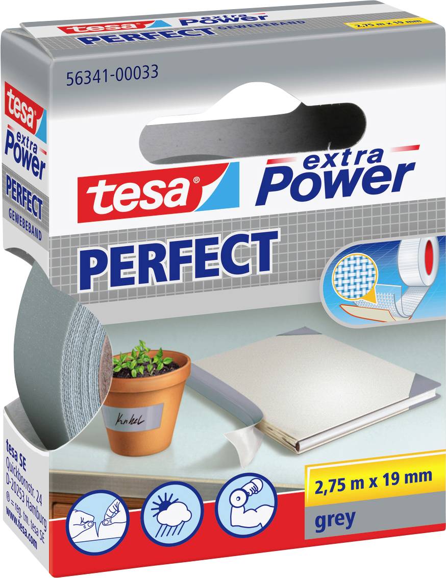 'Tesa extra Power Perfect' grå tejp förpackning med bilder av tejprulle, kruka, bokbindning och väderikoner.