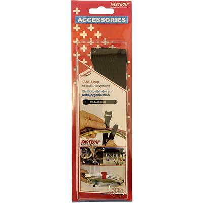 Förpackning med 'FAST-Strap' kardborreband för kabelhantering, 10 stycken, 13x200 mm, med bildlig bruksanvisning.