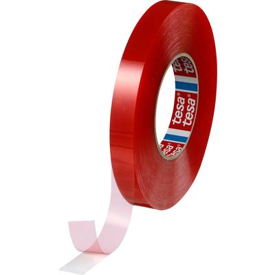En rulle röd tejp av märket 'tesa' med en bit genomskinlig tejp upprullad.
