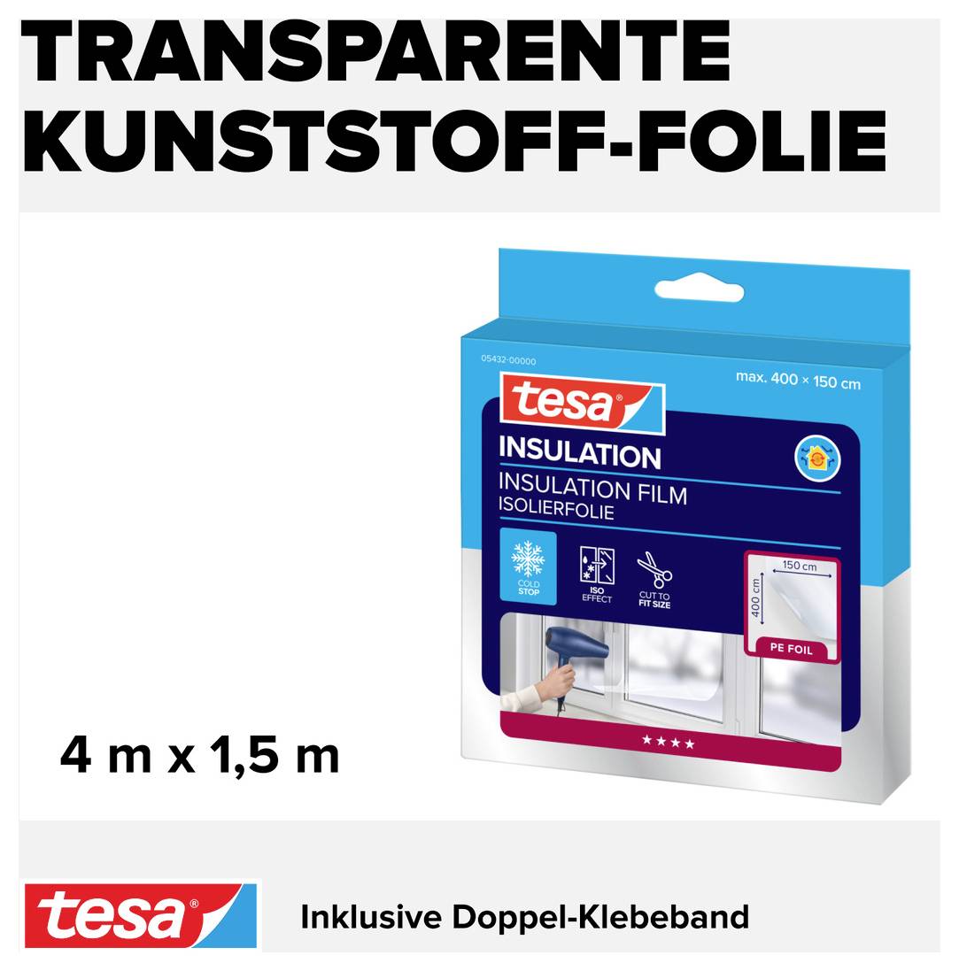 Transparent plastfolie från Tesa, storlek 4 m x 1,5 m, inklusive dubbelhäftande tejp. Förpackningen visar tillämpning på fönster.