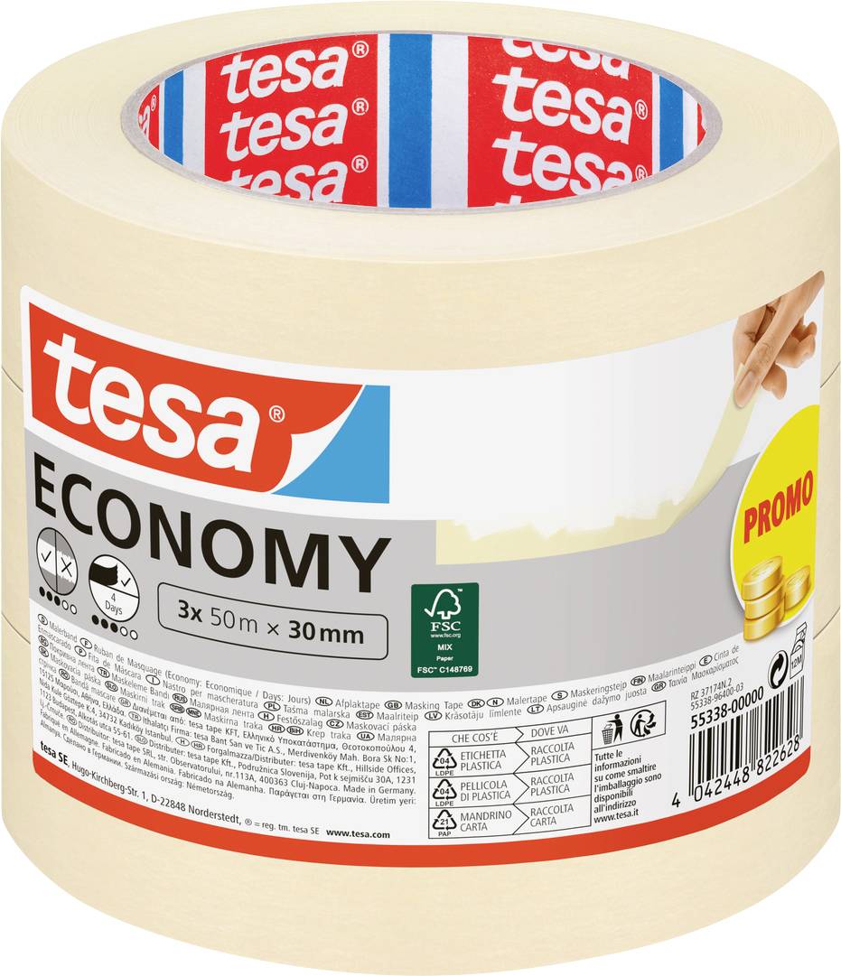 Bilden visar en rulle 'tesa ECONOMY' maskeringstejp, 3-pack, 50m x 30mm. Förpackningen framhäver ett 'PROMO'-erbjudande med myntgrafik.