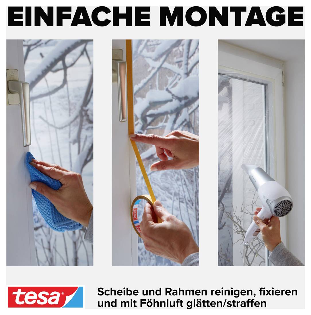 Tre steg för fönstermontage: 1. Rensa ram 2. Fäst tejp 3. Behandla med hårtork. Märke längst ner till vänster: tesa.