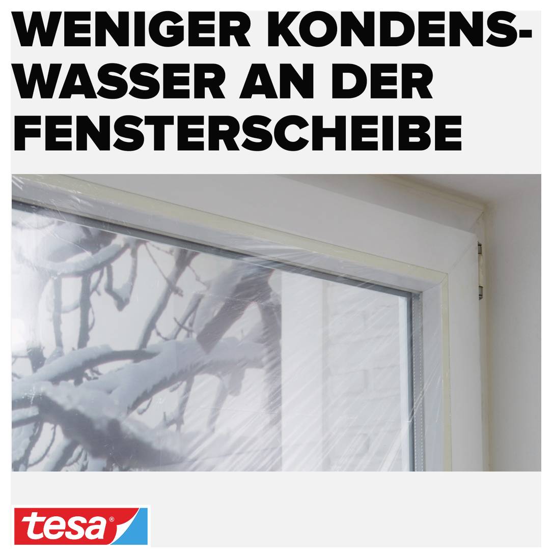 "Mindre kondens på fönsterrutan" står ovanför en bild av ett vinterfönster med snö utanför. Märkeslogotyp längst ned.