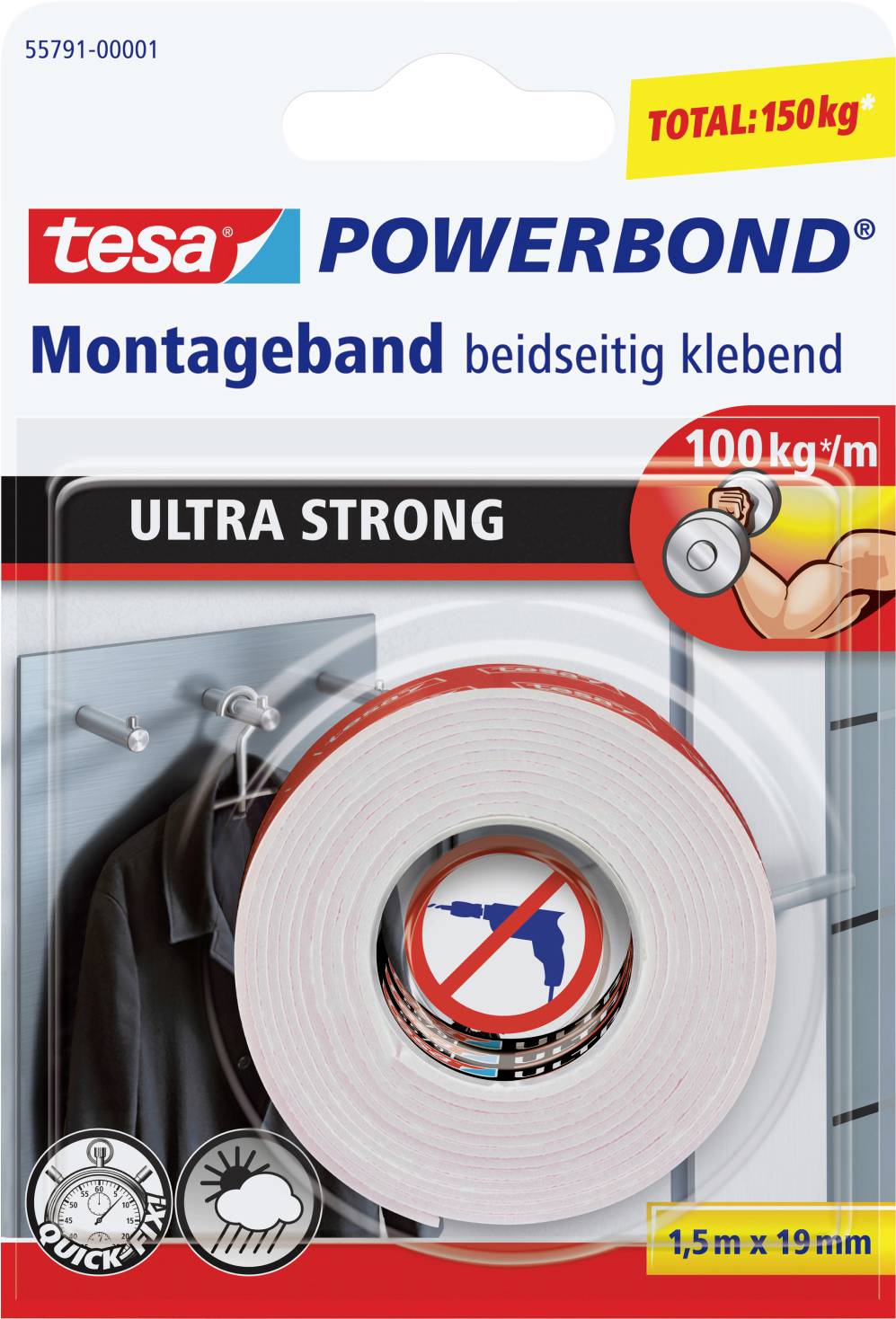 'Förpackning för tesa Powerbond monteringsband: dubbelhäftande, ultrastarkt, håller upp till 100 kg/m, storlek 1,5 m x 19 mm.'