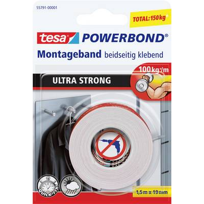 'Förpackning för tesa Powerbond monteringsband: dubbelhäftande, ultrastarkt, håller upp till 100 kg/m, storlek 1,5 m x 19 mm.'