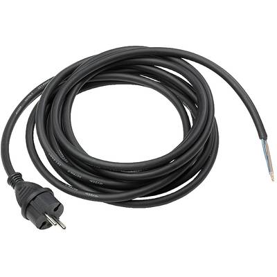 En lång svart elkabel med en kontakt på ena sidan och nakna trådändar på den andra sidan.
