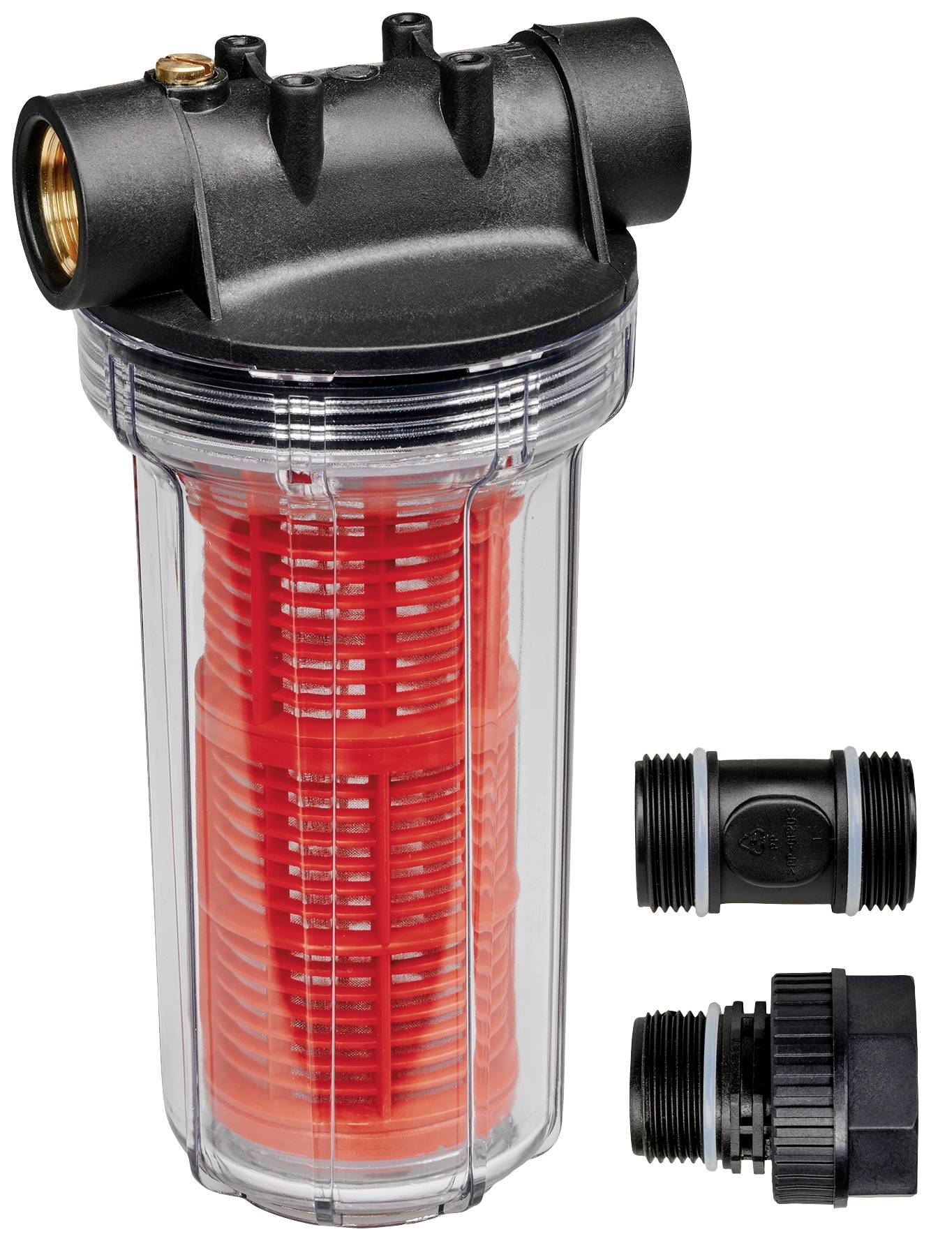 Vattenfilterhusets med transparent cylinder och röd innerfilter, inklusive två svarta adaptrar för installation.