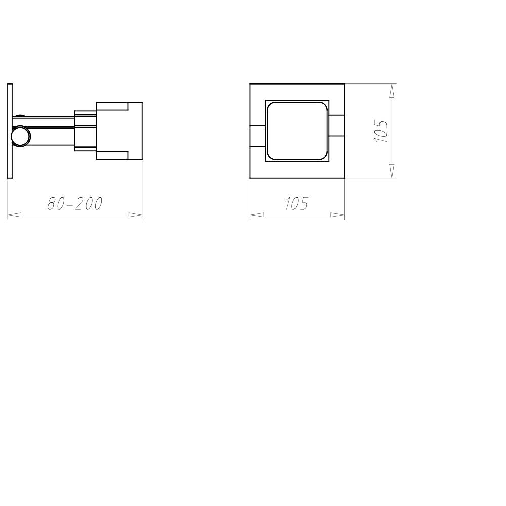 Diagram över en utdragbar teleskoparmhållare med mått: Längd 80-200 mm, höjd 105 mm. Rektangulär bas på 105 x 105 mm.