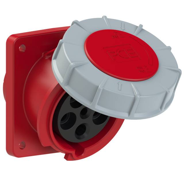 Eluttag i röd färg med grå lock, lämplig för industriella tillämpningar. Sex kontaktplatser synliga, robust design.