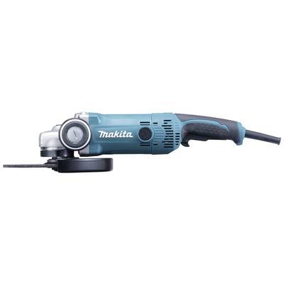 En blå vinkelslip från märket Makita med ergonomiskt handtag och skyddslock ligger på sidan. Perfekt för metallbearbetning.
