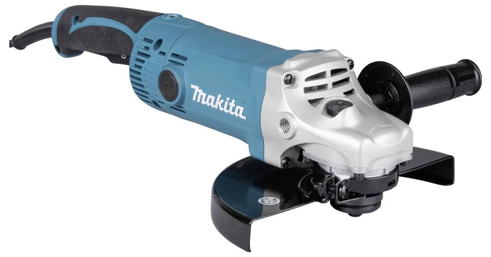 En blå Makita vinkelslip med ett svart handtag och skyddshuv, avsedd för skär- och slipningsarbeten.