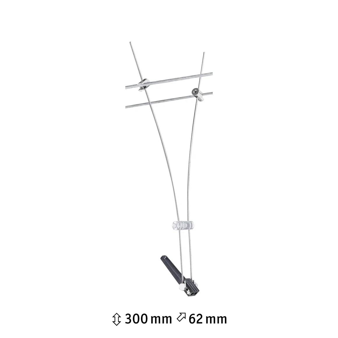 Antenn, vertikalt monterad; dimensioner 300 mm x 62 mm; två metallstänger förbundna med fäste och kabelanslutning; lämplig för trådlös kommunikation.