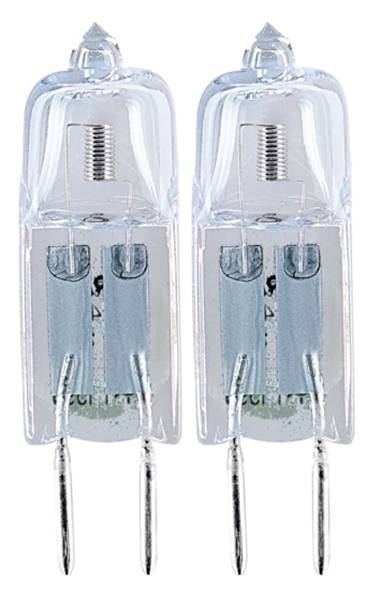 Två små halogenlampor med klara, cylindriska glashöljen och stift för elektrisk anslutning, framför en vit bakgrund.