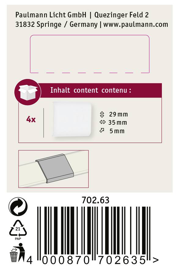 Paulmann Licht GmbH, Quezinger Feld 2, 31832 Springe, Tyskland, www.paulmann.de. Förpackning för 4x Ljus. Mått: 29x35x5 mm. Streckkod längst ner.