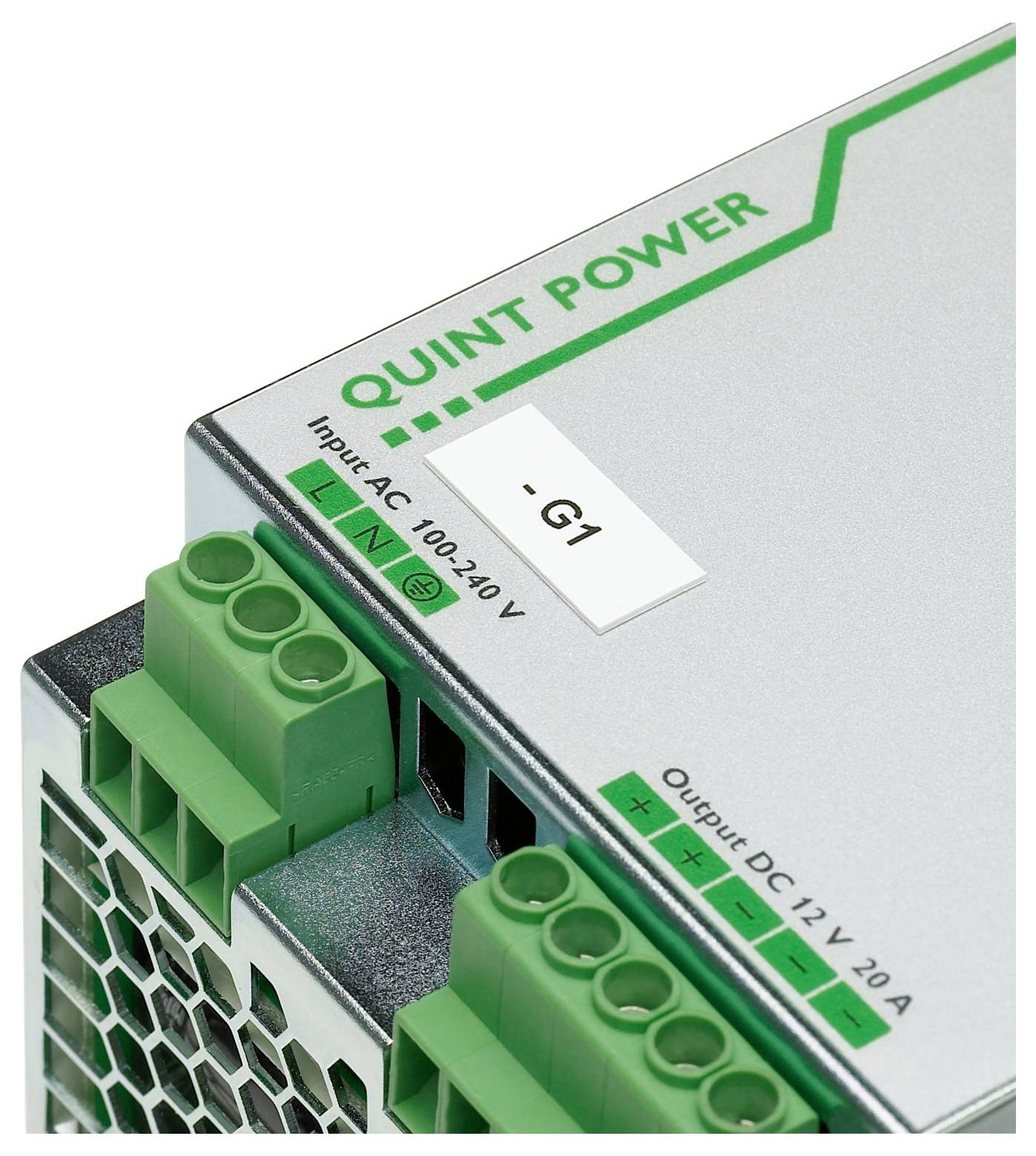 Kraftförsörjningsenhet märkt 'QUINT POWER' med ingång AC 100-240V och utgång DC 12V 20A.