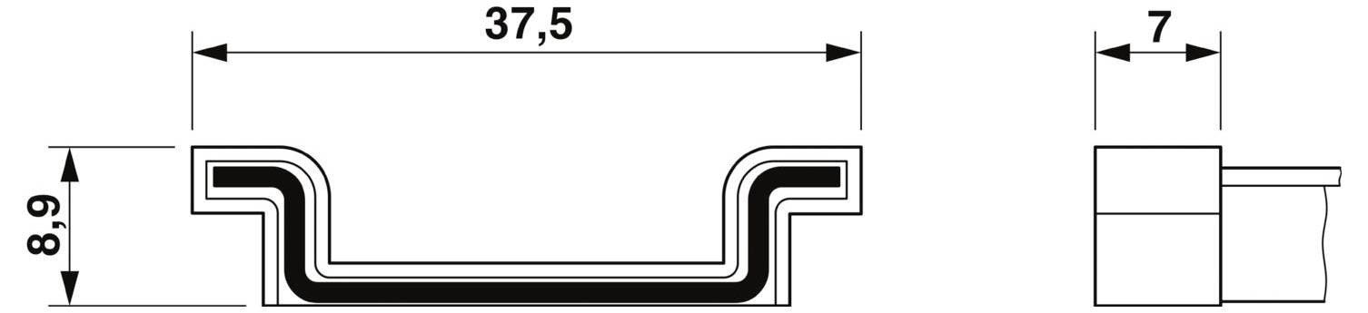 Tvärsnittdiagram som visar dimensioner: bredd 37,5 enheter, höjd 8,9 enheter, djup av sidovy 7 enheter.