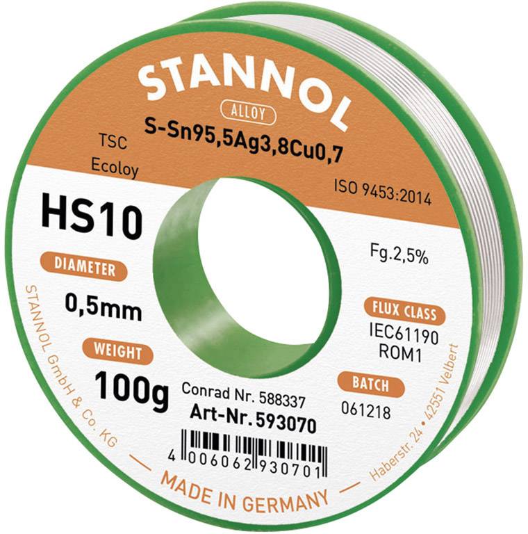 En rulle lödtenn av märket Stannol, legering S-Sn95,5Ag3,8Cu0,7, diameter 0,5 mm, vikt 100 g, flussmedelsklassificering enligt IEC61190 ROM1.