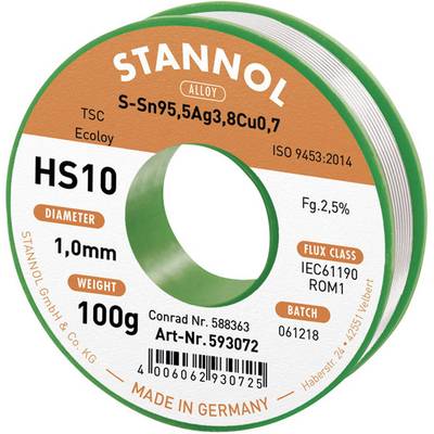 Lödfogningsrep från Stannol, legering S-Sn95,5Ag3,8Cu0,7, diameter 1,0 mm, vikt 100 g, flussmedelsklassificering ROM1, tillverkad i Tyskland.