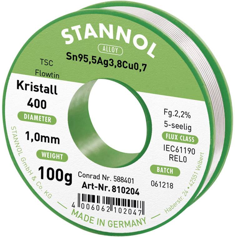 Lödfri av märket 'Stannol', legering Sn95,5Ag3,8Cu0,7. Diameter 1,0 mm, vikt 100 g. Lämplig för RELO flussmedelsklass. Tillverkad i Tyskland.