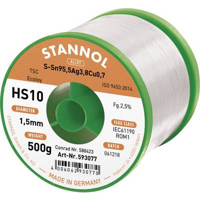 'Soldering wire roll with inscription: Stannol HS10, diameter 1.5 mm, weight 500 g, flux content 2.5%, manufactured in Germany.'
