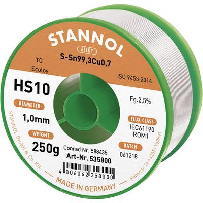 Lödtenn rulle med påskrift 'Stannol', legering S-Sn99,3Cu0,7, diameter 1,0 mm, vikt 250 g, flussmedieklass IEC61190 ROM1, tillverkad i Tyskland.