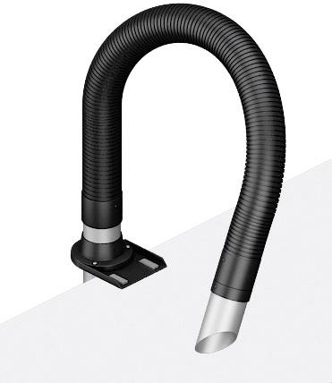 Svart flexibel kabelslang med silverändor som leds genom ett fäste på en vit yta.