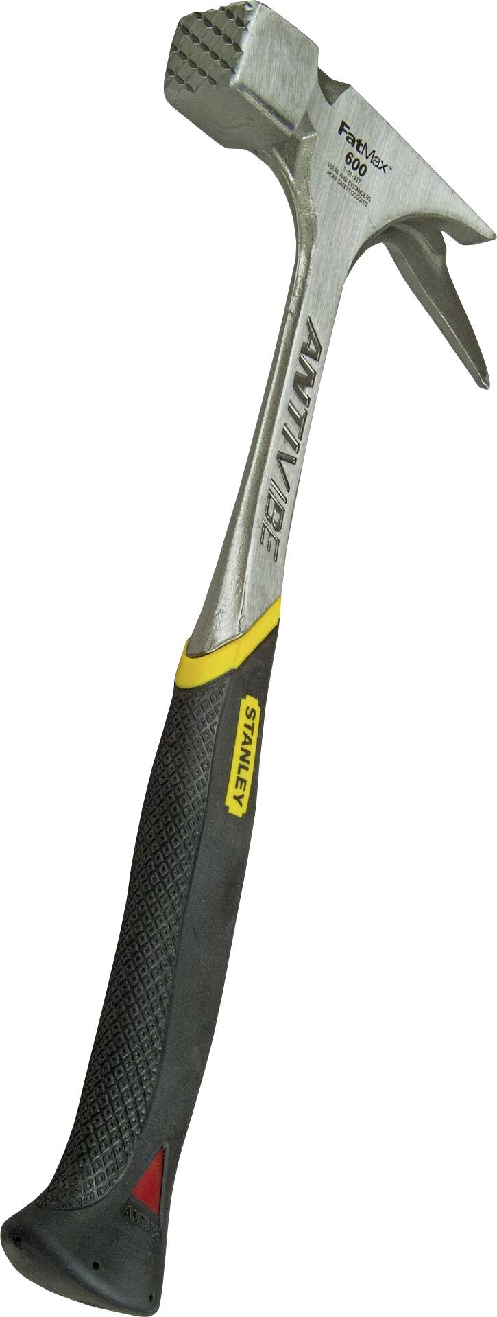 Handhammer med grått metallhuvud och svart skaft; gula och röda accenter; varumärket 'Stanley' synligt på skaftet.