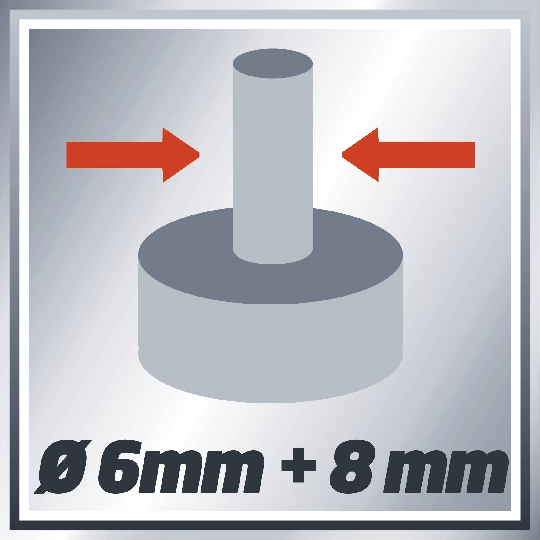 Diagrammet visar en cylinderformad pinne med en diameter på 6 mm som passar in i en 8 mm adapter. Röda pilar indikerar förbindelsen.