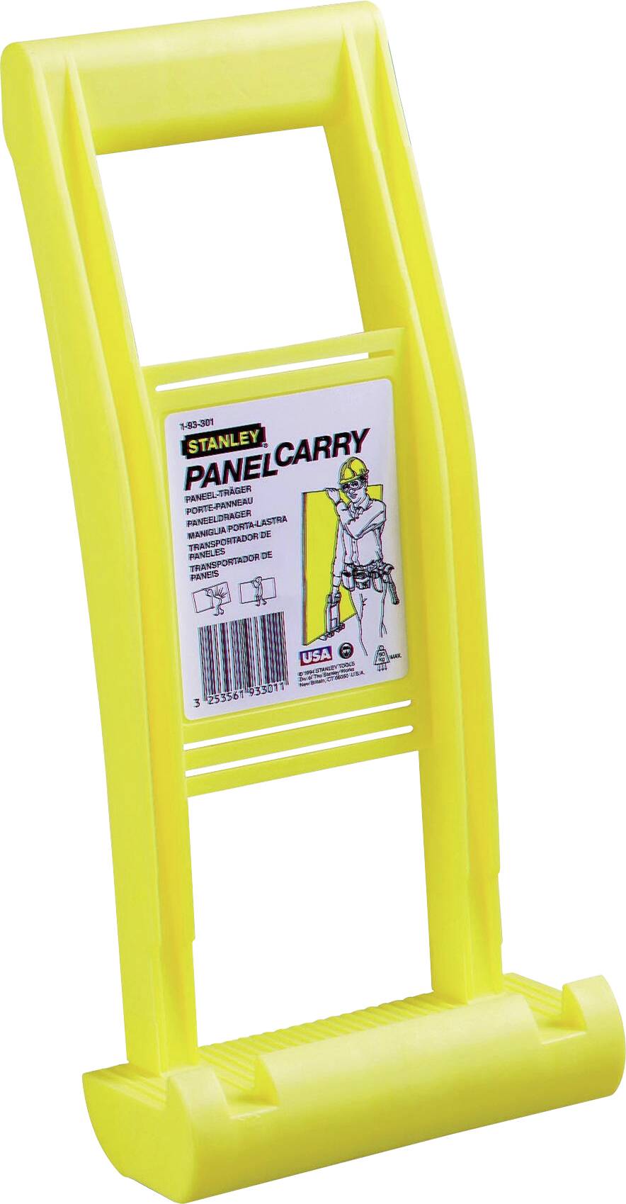 Gul bärhandtag för paneler, produktnamn 'Stanley Panel Carry' synligt på etiketten. Underlättar transport av tunga skivor.