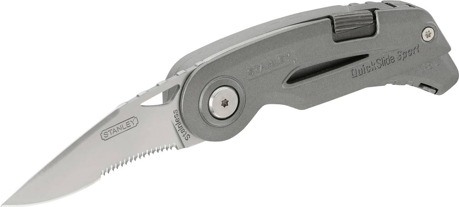Fällkniv med tandad klinga och grått handtag, märkt med 'Stanley QuickSlide Sport'.