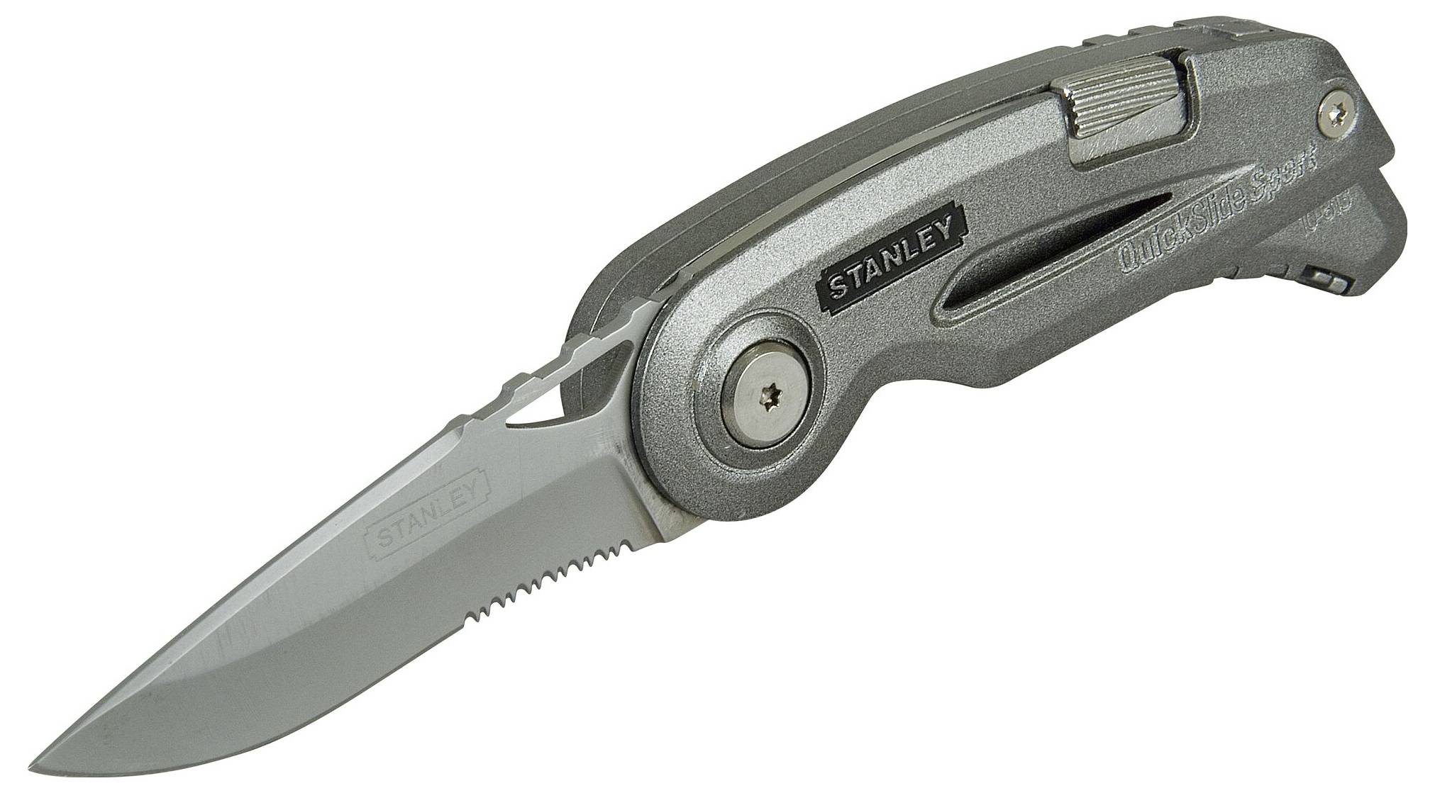 Ett grått fällbart fickkniv med synlig klinga och Stanley-logotyp på handtaget.