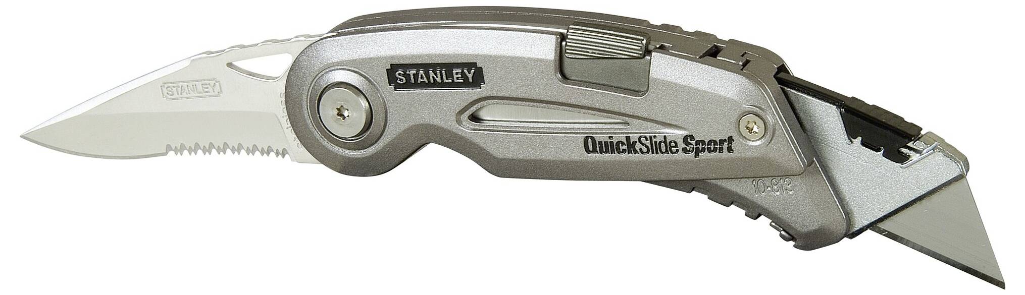 'Stanley QuickSlide Sport' fällkniv med grått handtag, vågig klinga och skjutmekanism, visad i uppfällt läge.