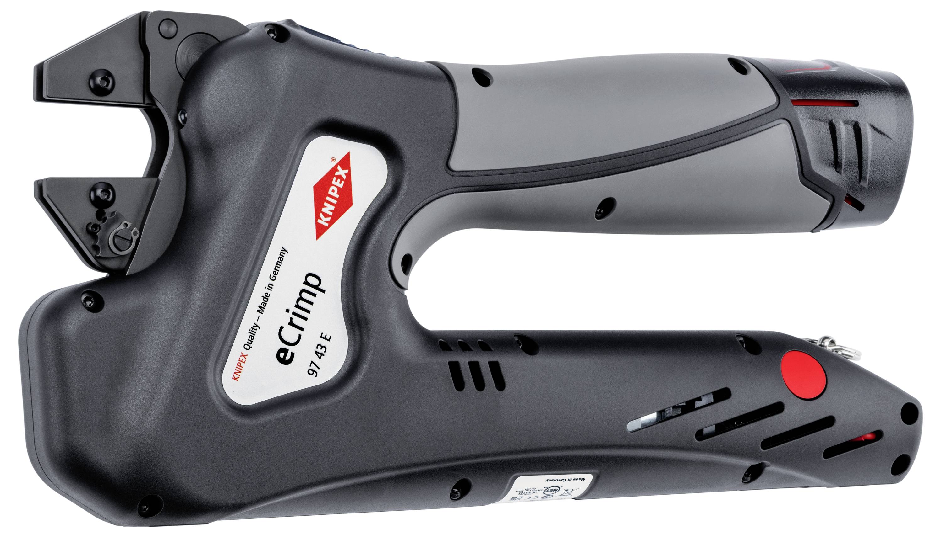 Elektrisk crimptång med grått hölje och rött logo, modell 'KNIPEX eCrimp 97 43 E', för precisionscrimpning av kablar.