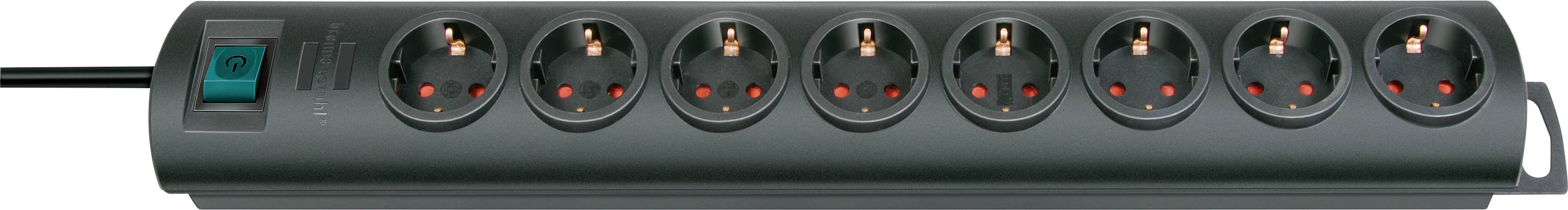 Svart grenuttag med sex uttag och en lysande på-av-knapp.